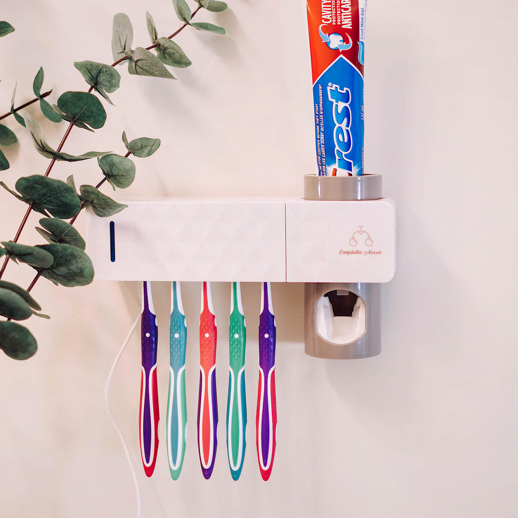 Adhesive Toothbrush Holder, Sterilizer and Toothpaste Dispenser